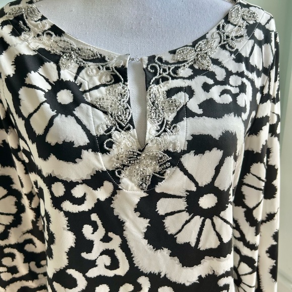 INC International Concepts Black and White Tunic with Beaded Trim - Picture 2 of 12